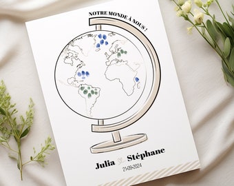Arbre à empreintes personnalisé avec fiche explicative, Décoration mariage voyage, Globe terrestre, Carte du monde, Livre d'or original