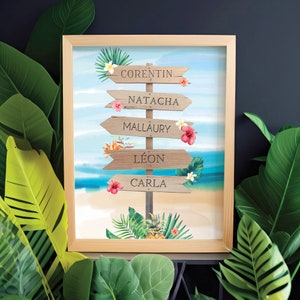 Personalized wooden panel poster - Beach & Tropic - Table of first names of family members - Tropical wall decoration