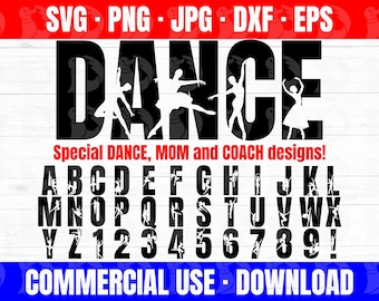 Dance alphabet SVG designs, great for shirts, wall art, bags, mugs, and more! Dance SVGs, Dance Mom PNG, Dance Coach JPG