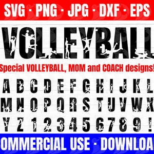 Könnte beinhalten: Schwarzweißes Grafikdesign des Wortes "VOLLEYBALL" mit Silhouetten von Volleyballspielern. Die Buchstaben sind mit Silhouetten von Volleyballspielern gefüllt. Das Design beinhaltet auch das Alphabet, Zahlen und ein Ausrufezeichen. Der Text "Special VOLLEYBALL, MOM and COACH designs!" und "COMMERCIAL USE DOWNLOAD" ist ebenfalls enthalten.