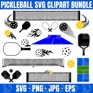 Pacchetto Pickleball Clipart SVG, pagaie Pickleball, palline Pickleball, Pickle Ball SVG, Pickleball Court png, Pickleball net SVG