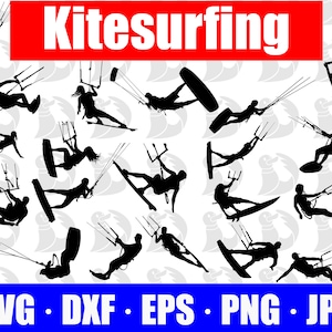 SVGs de kitesurf, clipart de kitesurf, svgs de kitesurf, jpgs de kitesurf, arquivos cricut, surf, silhueta, esportes de vento, kite