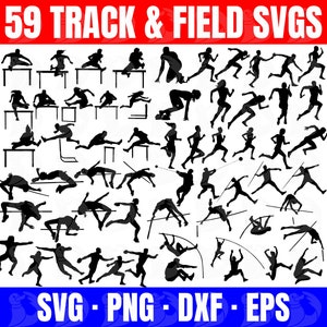Op de afbeelding: Een set van 59 zwart-witte track-and-field SVG's. De afbeeldingen tonen atleten in verschillende atletiekdisciplines, waaronder hardlopen, springen, werpen en hordenlopen. De afbeeldingen zijn geschikt voor gebruik in digitale projecten, zoals websiteontwerp, social media graphics en printprojecten.