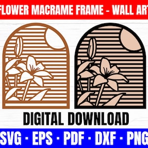 May include: Two digital downloads of a flower macrame frame wall art design. The design features a stylized flower with leaves in a rounded frame with horizontal stripes. The design is available in brown and black.
