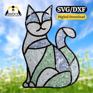 May include: A stained glass cat design in shades of blue, green, and clear, outlined in black. The image includes the text "SVG/DXF Digital Download" and "Laser Ready Files". The cat is sitting with its tail curled.
