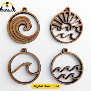 May include: Four wooden laser-cut ornaments with ocean-themed designs. The designs include a wave, a sun over waves, and two variations of waves within circular frames. Each ornament has a small hole for hanging. The words "Digital Download" are visible.