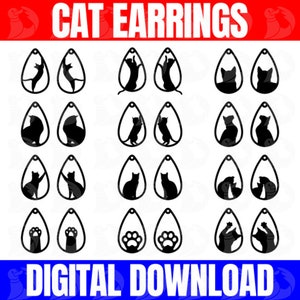 Katze Ohrringe Laser Cut Designs, digitaler Download Teardrop Katzenohrringe, wunderliche Ohrringe, schwarze Katze Ohrringe, ästhetische Ohrringe
