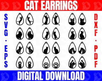 Cat earrings laser cut designs, digital download teardrop kitten jewelry