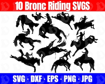 Könnte beinhalten: Zehn schwarze Silhouette-Bilder, die Bronc-Reit-Szenen darstellen. Jedes Bild zeigt einen Cowboy auf einem buckelnden Pferd. Der Text "10 Bronc Riding SVGs" steht oben, mit Dateityp-Optionen unten.