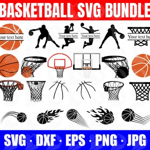 Basketball Clipart SVG Bundle, Ballons de basket, Filet de basket-ball, Monogramme divisé de basket-ball, Silhouettes de joueurs de basket-ball, Tasse de basket-ball, bouteille