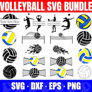 May include: A set of 14 black and white and yellow volleyball SVG cut files. The files include a volleyball with the text "Your Text Here", a volleyball with flames, a volleyball with a net, and a volleyball with a net and a ball flying over it.