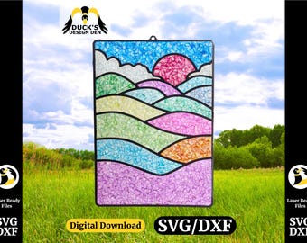 Nature Scene Suncatcher SVG/DXF | Sunset Landscape Laser Cut Frame for Resin or Acrylic | Window Decor | Digital Download