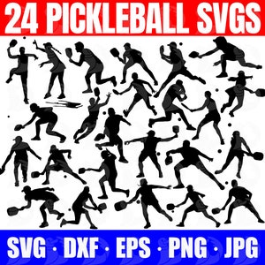 May include: 24 black and white silhouette SVGs of people playing pickleball. The images are in various poses, showing different pickleball playing techniques.