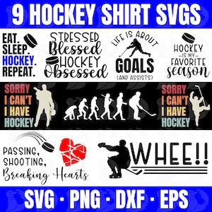 K&ouml;nnte beinhalten: Neun Hockey-SVG-Designs f&uuml;r Shirts. Die Designs beinhalten S&auml;tze wie "Essen Schlafen Hockey Wiederholen", "Gestresst Gesegnet Hockey Besessen", "Das Leben ist &uuml;ber Tore", "Hockey ist meine Lieblingssaison", "Sorry, ich kann nicht, ich habe Hockey", "Passen Schie&szlig;en Herzen brechen", und "Whee!"
