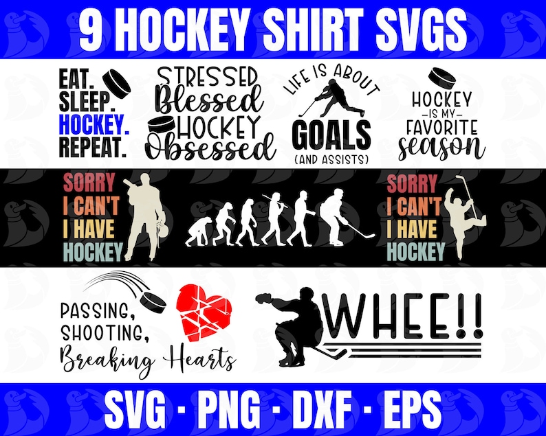 K&ouml;nnte beinhalten: Neun Hockey-SVG-Designs f&uuml;r Shirts. Die Designs beinhalten S&auml;tze wie "Essen Schlafen Hockey Wiederholen", "Gestresst Gesegnet Hockey Besessen", "Das Leben ist &uuml;ber Tore", "Hockey ist meine Lieblingssaison", "Sorry, ich kann nicht, ich habe Hockey", "Passen Schie&szlig;en Herzen brechen", und "Whee!"
