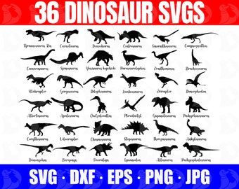 May include: A black and white graphic illustration of 36 different dinosaur silhouettes. Each dinosaur is labeled with its name, including Tyrannosaurus Rex, Carnotaurus, Deinocheirus, Centrosaurus, Sinornithosaurus, Compsognathus, Camarasaurus, Spinosaurus, Yurisaurus kopchicki, Parasaurolophus, Ornithomimus, Brachiosaurus, Utahraptor, Gorgosaurus, Delophosaurus, Jambeosaurus, Diraptor, Dimorphodon, Albertasaurus, Apatosaurus, Quetzalcoatlus, Pterodactyl, Giganotosaurus, Pachyrhinosaurus, Corythosaurus, Velociraptor, Chaymosaurus, Stegosaurus, Therizinosaurus, Ankylosaurus, Deinonychus, Baryonyx, Triceratops, Iguanodon, Allosaurus, and Pachycephalosaurus. The text at the bottom of the image reads "SVG DXF EPS PNG JPG".