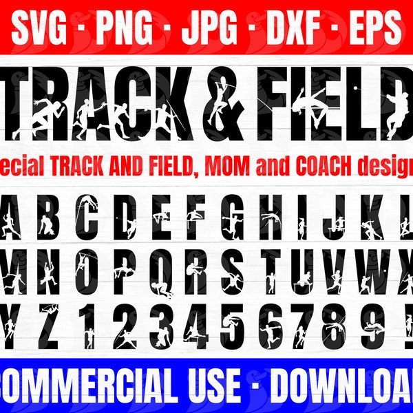 Motifs SVG alphabet athlétisme, parfaits pour les chemises, l'art mural, les sacs, les tasses et plus encore ! Images SVG d'athlétisme, haies, saut à la perche, saut en hauteur