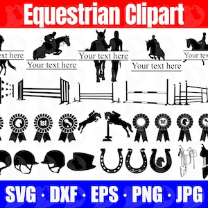 May include: Black and white silhouette clipart images of equestrian themed items, including horses, riders, jumps, saddles, horseshoes, and ribbons. The text "Your text here" appears multiple times on the image.