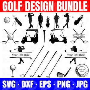 ゴルフ クリップアート SVG バンドル、ゴルフ クラブ、ゴルフ ボール、ゴルフ カート、ゴルフ バッグ、ゴルファー クリップアート シルエット、ゴルフ シャツ PNG