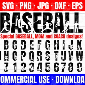 Baseball Alphabet SVG-Designs, ideal für Baseballshirts, Wandkunst, Taschen! Baseball SVG, Baseball Mama PNG, Baseball Trainer JPG