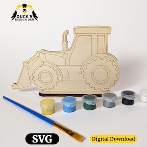 May include: A wooden tractor outline with a paint kit, brush, and the text "SVG" and "Digital Download". The tractor is unpainted and ready for customization. The paint colors include yellow, blue, green, gray, black, and white.