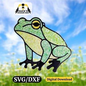 May include: A green and yellow frog design with black outlines, set against a backdrop of a blue sky and flowers. The image includes the text "SVG/DXF" and "Digital Download". The frog is a laser-ready file.