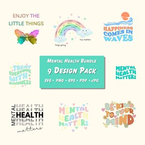 Könnte beinhalten: Ein Set aus neun farbenfrohen digitalen Designs mit positiven Botschaften zur psychischen Gesundheit. Die Designs beinhalten einen Regenbogen mit Wolken, einen Schmetterling, eine Welle mit einer Sonne und verschiedene textbasierte Designs mit Sätzen wie "Behandle jeden mit Freundlichkeit" und "Mentale Gesundheit zählt".