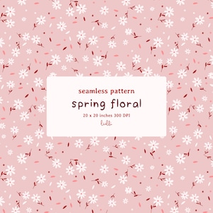 Pode incluir: Um padrão sem costura com um fundo rosa com flores brancas semelhantes a margaridas e pequenos detalhes de folhas vermelhas. O texto na imagem diz "padrão sem costura spring floral 50,8 x 50,8 cm 300 DPI lulli".