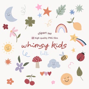 Könnte beinhalten: Eine Sammlung skurriler Illustrationen, darunter ein lächelnder Mond, Sterne, ein Regenbogen und ein Marienkäfer. Der Text "whimsy kids" und "clipart set" sind ebenfalls enthalten. Das Set enthält 48 hochwertige PNG-Dateien.