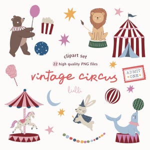 Pode incluir: Uma coleção de elementos de clip art com tema de circo vintage. Inclui um urso com um balão, um leão, uma tenda de circo, um carrossel, um coelho, uma foca, pipocas, algodão doce, estrelas e um bilhete. O texto "vintage circus" também está presente.