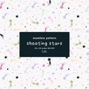Pode incluir: Um padrão sem costura com estrelas cadentes em cores pastel, incluindo rosa, azul, verde e amarelo, sobre um fundo branco. O design inclui o texto "seamless pattern shooting stars 20 x 20 inches 300 DPI lulli".