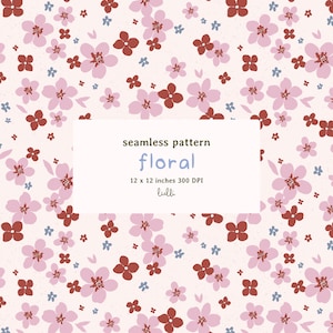 Pode incluir: Padrão floral sem costura com flores rosa e castanhas e detalhes azuis sobre um fundo creme. O design inclui o texto "padrão sem costura floral" e as dimensões "12 x 12 polegadas 300 DPI".