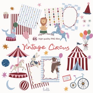 Pode incluir: Uma coleção digital de 46 arquivos PNG de alta qualidade intitulada Vintage Circus, apresentando ilustrações de leão, cavalo, urso, foca, carrossel, tenda de circo, balões, estrelas, luas, fundos estampados e um bilhete Admit One.