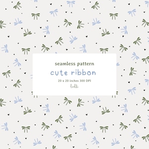Pode incluir: Padrão sem costura com um design repetido de laços verdes e azul claro e pequenos corações pretos sobre um fundo creme. O texto "seamless pattern cute ribbon" é exibido em um retângulo branco. O padrão tem 50,8 x 50,8 cm.