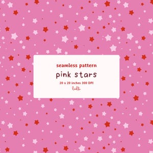 Pode incluir: Padrão sem costura com fundo rosa e estrelas vermelhas e brancas espalhadas. O texto "pink stars" é exibido em um retângulo branco, juntamente com as dimensões 50.8 x 50.8 cm e 300 DPI.