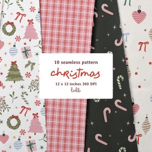 Pode incluir: Uma coleção de padrões sem costura com tema natalino. Os padrões incluem elementos festivos como árvores de Natal, bengalas doces, enfeites e laços. A imagem também inclui o texto "10 seamless pattern Christmas 12 x 12 inches 300 DPI lulli".