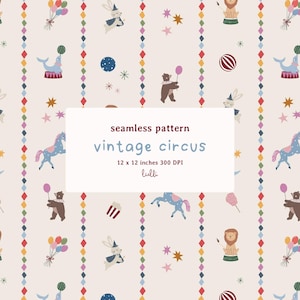 Pode incluir: Padrão de circo vintage sem costura com ilustrações de animais de circo, balões, estrelas e listras de diamantes coloridas. O design inclui um cavalo azul, um urso segurando um balão e um coelho com um chapéu de mágico. O texto diz "vintage circus".