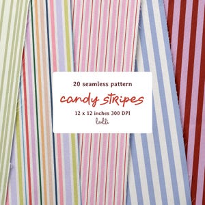 Pode incluir: Amostras de tecido com padrões de riscas verticais de doces em várias cores, incluindo rosa, vermelho, verde e azul. A imagem inclui texto que diz: "20 padrões sem costura candy stripes 30,5 x 30,5 cm 300 DPI lulli."