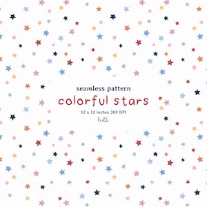 Pode incluir: Um padrão sem costura de estrelas coloridas em um fundo branco. As estrelas são de várias cores, incluindo vermelho, azul, laranja e rosa. O texto "seamless pattern colorful stars" está no centro. O padrão mede 30,48 x 30,48 cm.