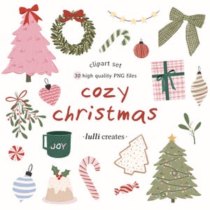 Pode incluir: Uma coleção de cliparts com tema natalino, incluindo uma árvore rosa, uma coroa verde, bengalas doces, enfeites, um presente e uma caneca com a palavra "JOY". O texto "cozy christmas" também está presente.