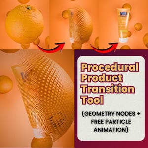 May include: An orange-themed graphic showcasing a product transition tool. The image features an orange, a tube of MIU Vitamin C cream, and a visual breakdown of the product's transformation. Text reads "Procedural Product Transition Tool".