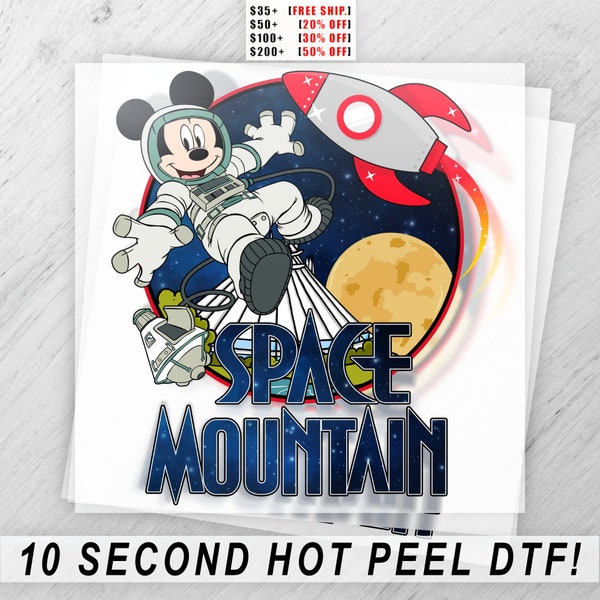 Space Mountain Mickey Mouse DTF Transfer Sheet - Cartoon Rocket Theme for DIY T-Shirt Design Heat Press Graphic