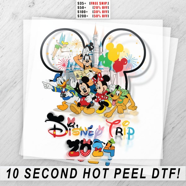 Feuille de transfert personnalisée Disney Trip DTF - presse à chaud château dessin animé - feu d'artifice coloré - T-shirt thermocollant