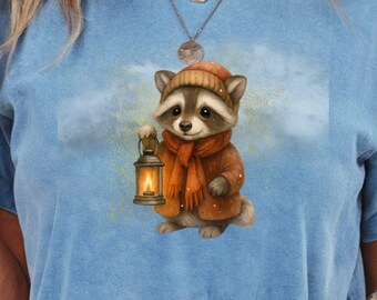 Cozy Winter Woodland Raccoon Lantern Shirt  Cute Forest Animal Tee for the Cold Season, Nature Cottagecore Lovers Woodland friends tee