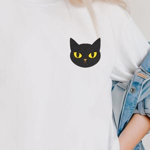 Embroidered Cat Face Halloween Cat Comfort Color Unisex T-shirt Glowing Eyes Shirt Spooky Kitty Top Scary Animal Apparel Animal Lover Gift