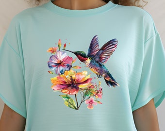 Floral Hummingbird Shirt Animal Lover Tee Bird Shirt Trendy Bird Lover Shirt Spring Birds Flower Shirt Floral Shirt with Hummingbird