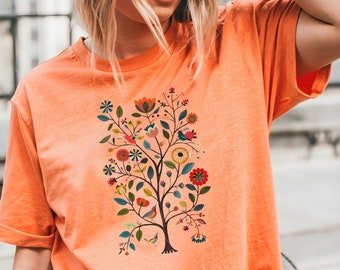 Cottagecore shirt vogels en bloemen volkskunst shirt natuur vogel en bloem shirt vintage cadeau shirt Asthetic boho natuur shirt