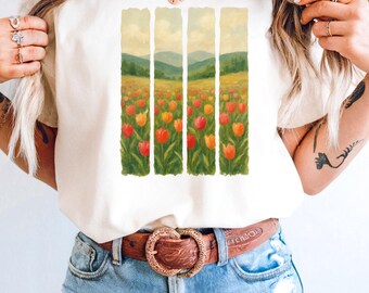 Comfort Colors® T-shirt tulp landschap scène retro T-shirt tulp bloemen T-shirt gekleurde tulp bloemen cadeau inspiratie damesshirt bloemen Peace