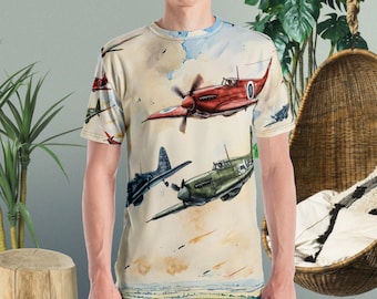 May include: A white t-shirt with a print of vintage airplanes in flight. The airplanes are red, green, and brown with white clouds and smoke trails in the background.