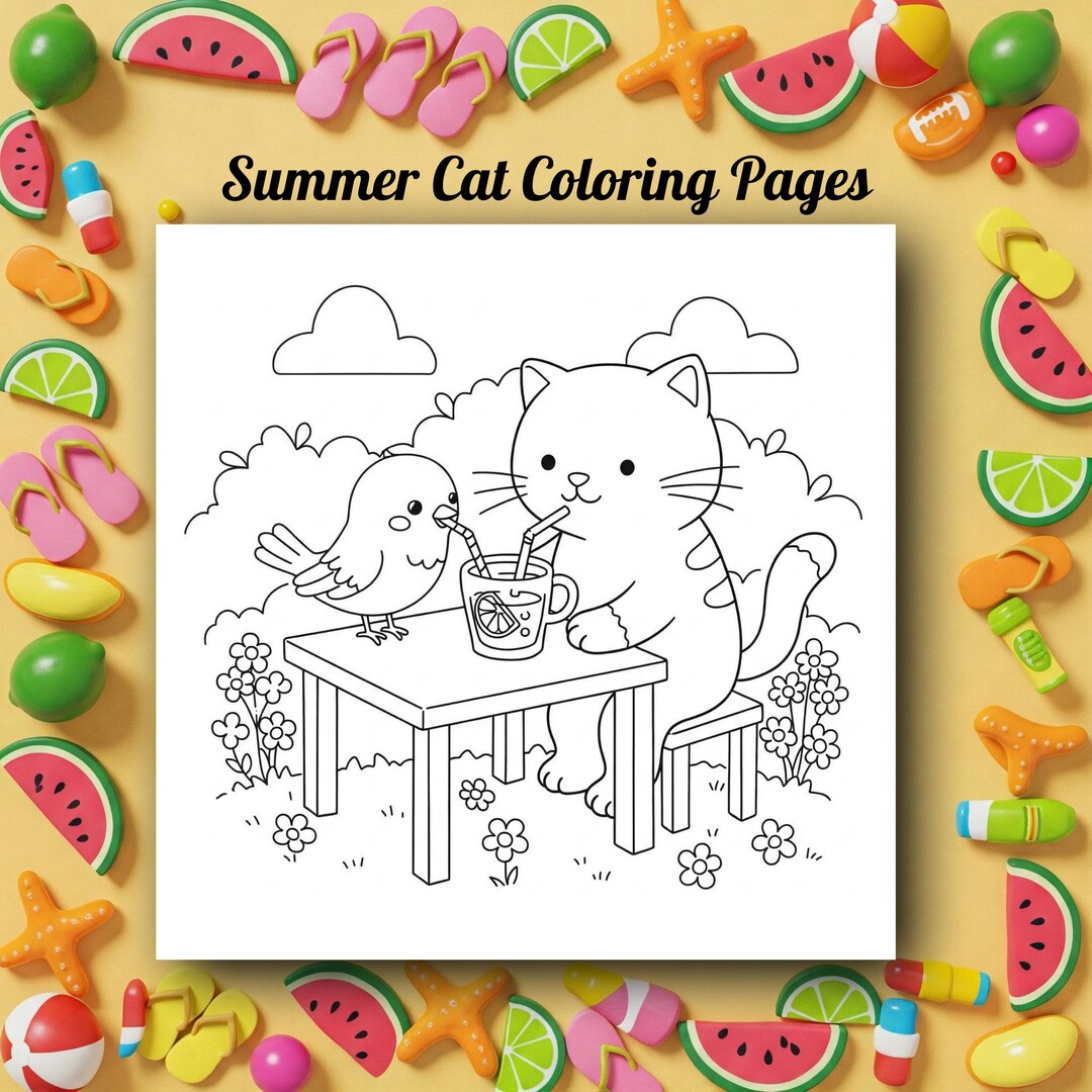 Summer Cat Coloring Pages for Kids & Adults Cute Cat Coloring Book